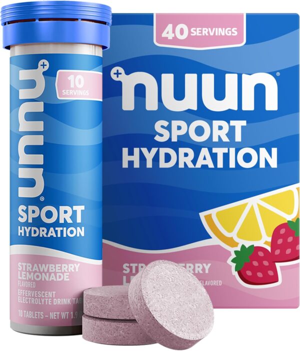 Nuun Sport Electrolyte Tablets - Dissolvable in Water, Strawberry Lemonade, 5 Essential Electrolytes for Hydration, 1g Sugar Drink Mix, Vegan, Non GMO, 4 Pack (40 Total Servings)