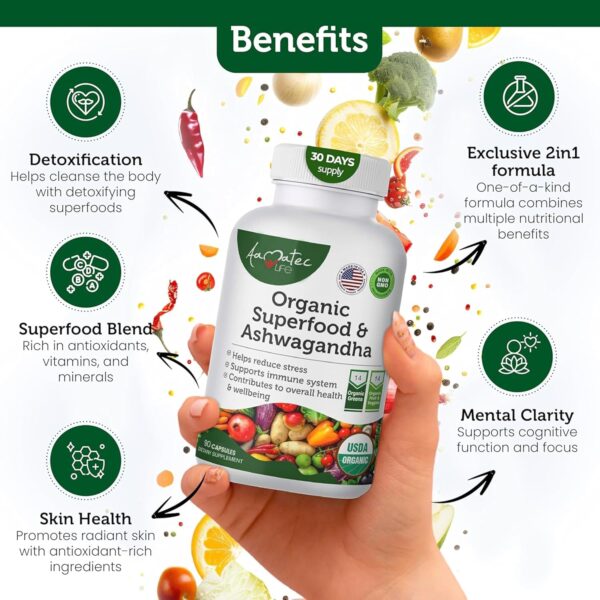 Organic Superfood Greens Fruits and Veggies Complex with Ashwagandha - 2 in 1 Supplement with 14 Greens Fruits & Vegetables with Ashwagandha Rich in Antioxidants - Non-GMO 90 Capsules