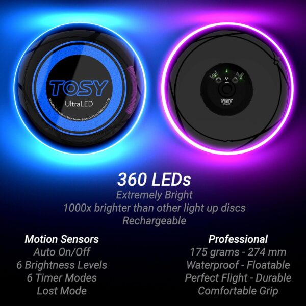 TOSY Flying Disc - 16 Million Color RGB or 36 or 360 LEDs, Extremely Bright, Smart Modes, Auto Light Up, Rechargeable, Birthday Gift, Easter Basket Stuffers for Men/Boys/Teens/Kids, 175g Frisbee