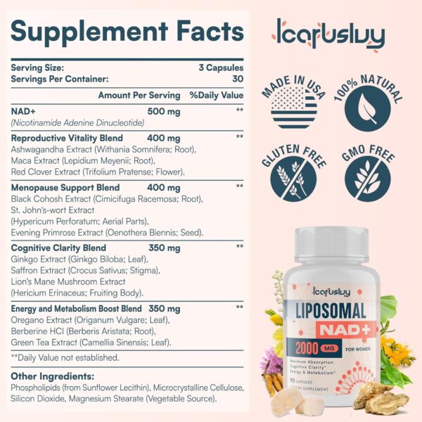 2000MG Liposomal NAD+ for Women, NAD+ Supplement, with Ashwagandha, Maca, Black Cohosh & Ginkgo Biloba, Max Absorption, NAD Plus - Menopause, Cognitive Clarity, Energy, Aging Defense, 360 Capsules
