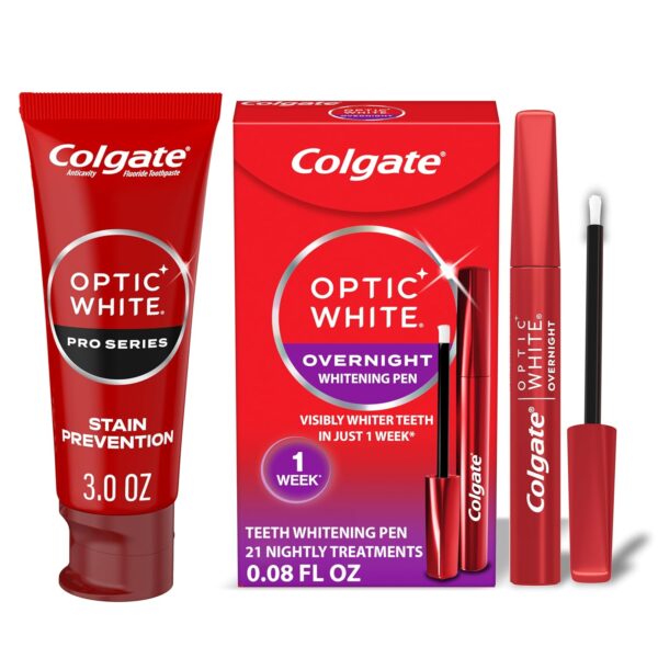 Colgate Optic White Overnight Teeth Whitening Pen and Whitening Toothpaste Kit, Includes 0.08 fl oz Teeth Whitener Pen with 21 Nightly Treatments Plus a 3.0 fl oz Enamel Safe Whitening Toothpaste