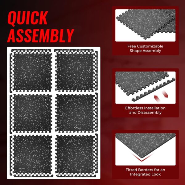 81DKGRJb7HL._AC_SL1500_.jpg SUPERJARE 0.79'' Extra-Thick Exercise Equipment Mats, 6 Pcs 24 Sq Ft Rubber Top Floor Tiles with High Density EVA Foam, Interlocking Gym Flooring for Home Gym, Protective Workout Mat, Black/Grey