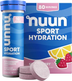 Nuun Sport Electrolyte Tablets - Dissolvable in Water, Strawberry Lemonade, 5 Essential Electrolytes for Hydration, 1g Sugar Drink Mix, Vegan, Non-GMO, 8 Pack (80 Total Servings)