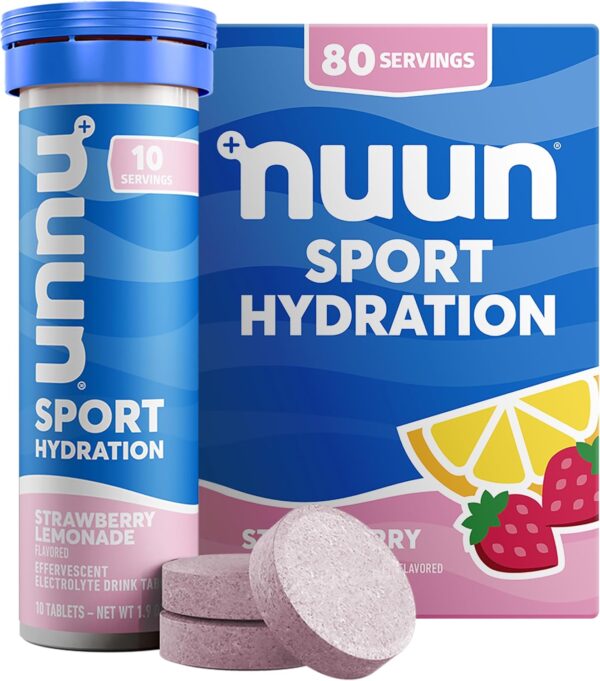 Nuun Sport Electrolyte Tablets - Dissolvable in Water, Strawberry Lemonade, 5 Essential Electrolytes for Hydration, 1g Sugar Drink Mix, Vegan, Non-GMO, 8 Pack (80 Total Servings)