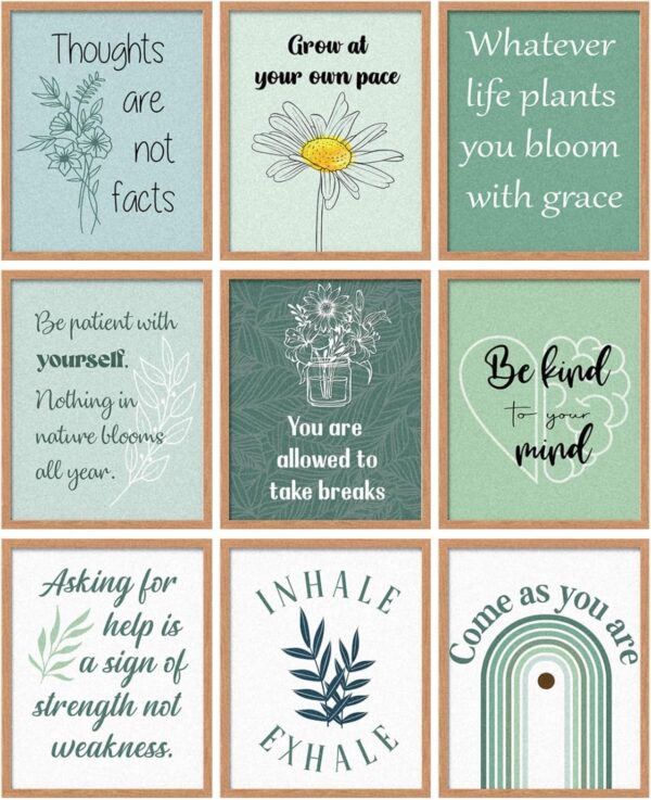 Lincia 9 Pcs Mental Health Posters Boho Therapy Office Decor Motivational Counselor Psychology Posters, 8 x 10 in(Green)