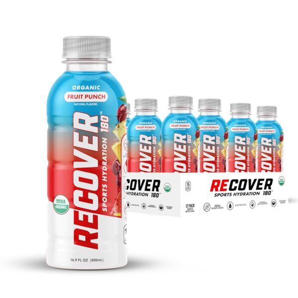 RECOVER 180 Organic Sports Hydration Drink, No Sugar Added, 15 Calorie Sports Beverage, Organic Flavors With Vitamins, Potassium-Packed Electrolytes (16.9 Fl Oz (Pack of 12), Fruit Punch)