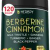 Berberine and Ceylon Cinnamon for Weight Management & Digestion, Heart Health & Immune - 7in1 with Premium Ginseng, Turmeric Curcumin, Ginger & Black Pepper - 120 Vegan Capsules
