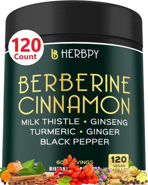 Berberine and Ceylon Cinnamon for Weight Management & Digestion, Heart Health & Immune - 7in1 with Premium Ginseng, Turmeric Curcumin, Ginger & Black Pepper - 120 Vegan Capsules