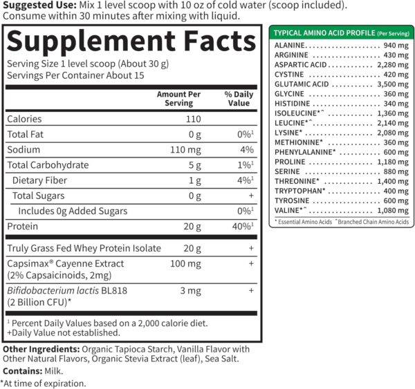 Garden of Life Sport Whey Plus Weight Management with Amino Energy - 20g of Grass Fed Protein Isolate for Women and Men - Vanilla Powder - with Capsimax, 2 Billion CFU Probiotics, About 15 Servings