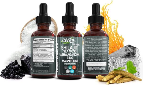 Shilajit Liquid Drops with Sea Moss, Ashwagandha, Zinc, Magnesium, Liquid Vitamins for Women and Men - Terra Mineral by Clean Nutra