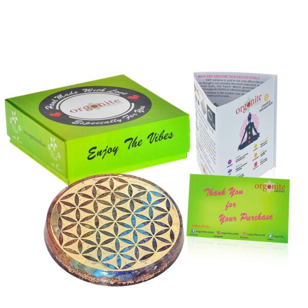 Orgonite Crystal Water Charging Plate –Chakra Balancing Coaster and Positive Energy Generator Flower of Life and with 7 Healing Crystals for Spiritual Balance, Meditation, Reiki Gifts(4 Inch Diameter)
