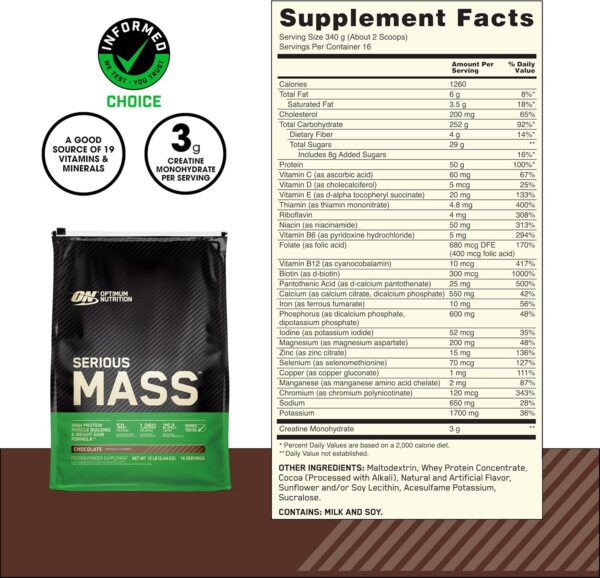 Optimum Nutrition Serious Mass, Weight Gainer Protein Powder, Mass Gainer, Vitamin C and Zinc for Immune Support, Creatine, Chocolate, 12 Pound (Packaging May Vary)