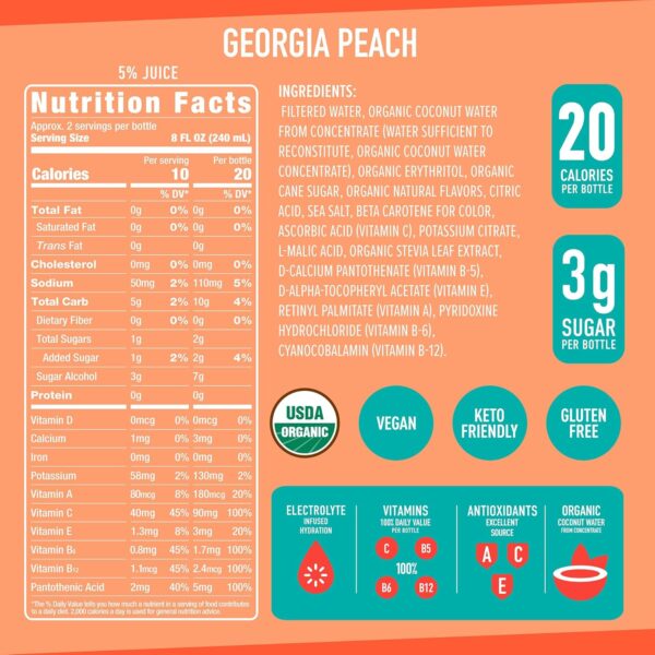 ROAR Complete Hydration Organic - Electrolyte Drinks Loaded with Vitamins C, B5, B12 - Non-GMO, Gluten-Free - Georgia Peach - 12 pc