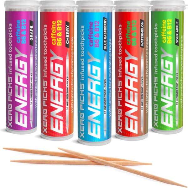 Xero Picks Energy Infused Flavored Toothpicks with Caffeine, B12 and B6 (Variety Pack, 20 Count (Pack of 5))