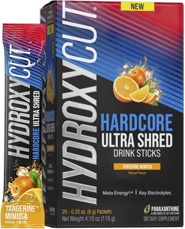 Hydroxycut Hardcore Ultra Shred Drink Sticks, Tangerine Mimosa - 20 Packets - Zero Sugar or Calories - Includes Paraxanthine & B Vitamins - for Women & Men