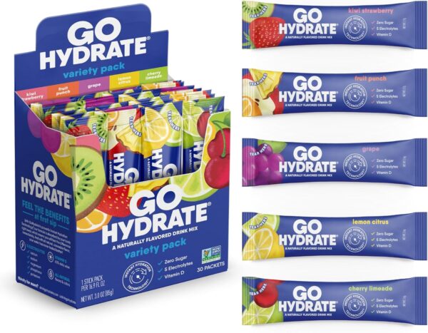 GoHydrate Instant Hydration Powder Packets - Low Sodium Electrolytes Drink Mix - Natural Hydration Support, Sugar Free Electrolyte Flavored Powder Drink with Vitamin D, 30 Packs, Variety Pack