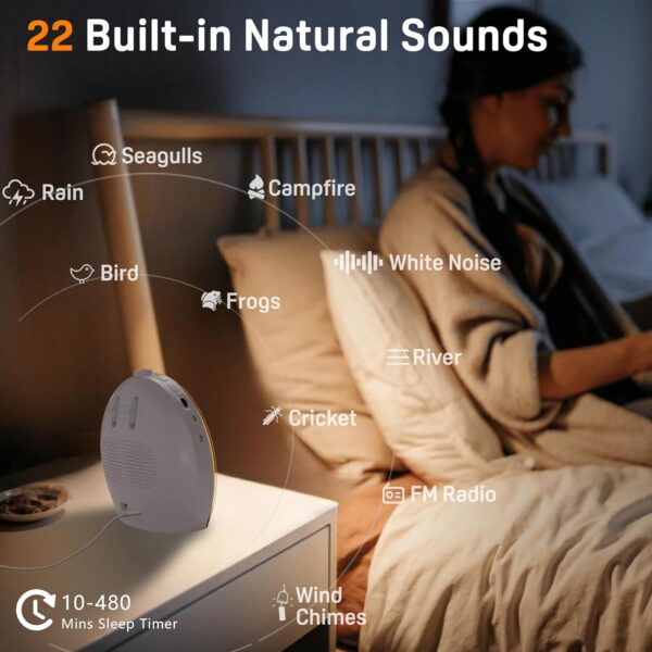Sound Machine White Noise Machine with 25 Soothing Sounds, 17 Night Lights, 5W Stereo Bluetooth Speaker, Sleep Timer, Wake Up Light Sunrise Alarm Clock for Bedrooms, Ideal Gift for Baby, Kids, Seniors