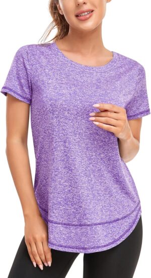 Women's Short Sleeve Workout Shirts Crewneck Sports Yoga Running Dry Fit Tops Side Split Tee
