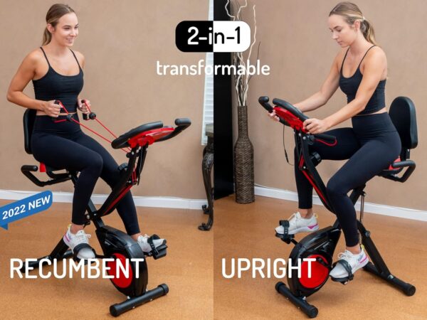 YYFITT 3-IN-1 Exercise Bike with Luminous Digits Display | Folding Stationary Bikes for Home Seniors | Compact Workout Bike with Fully Support Backrest - Wider Seat - 16 Level Magnetic Resistance