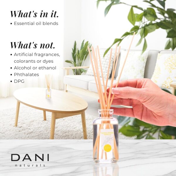 Natural Reed Diffuser Set by DANI Naturals - Warm Sandalwood Vanilla Scent - Aromatherapy Essentials Oils - Alcohol Free - 10 Diffuser Sticks - 3.5 Ounce Glass Bottle