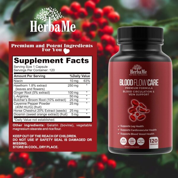 Blood Circulation Supplement, 120 Capsules, Supports Leg Vein, Heart, Vessels and Cardiovascular Health with Niacin, L-Arginine, Ginger, Cayenne Pepper, Hawthorn, Diosmin, Blood Flow Pills