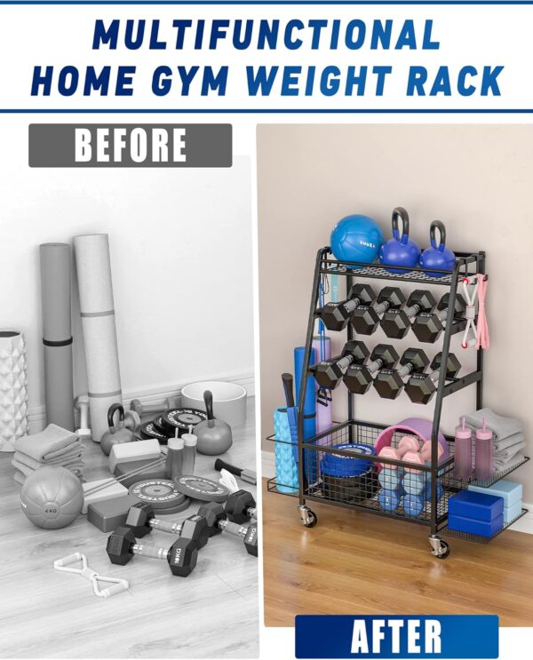 Weight Rack for Dumbbells - Dumbbell Rack for Home Gym - Home Gym Storage Rack for Dumbbells and Strength Training Equipment - Weight Rack for Home Gym with Side Shelves, Hooks and Wheels