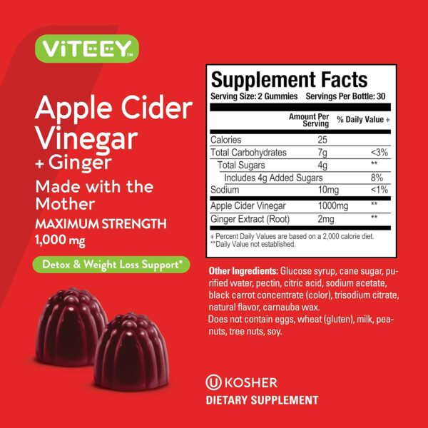 Apple Cider Vinegar Gummies 1,000mg Plus Ginger, ACV with The Mother, Detox Cleanse for Weight Loss and Immune Support, Vegan, Gluten Free, Gelatin Free, GMO Free - Chewable Apple Flavored Gummy