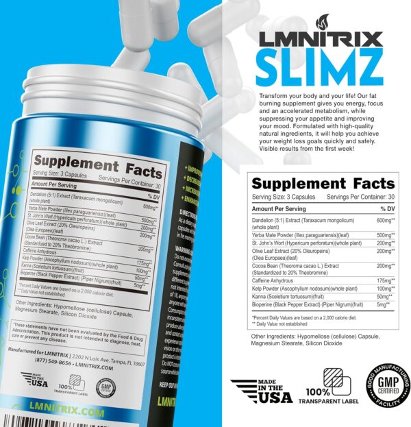 SLIMZ Fat Burner & Mood Enhancer - Diet Pills That Work - Weight Loss Supplement - Lose Weight, Get Rid of Stress and Take Control of Your Wellness Journey - 90 Capsules