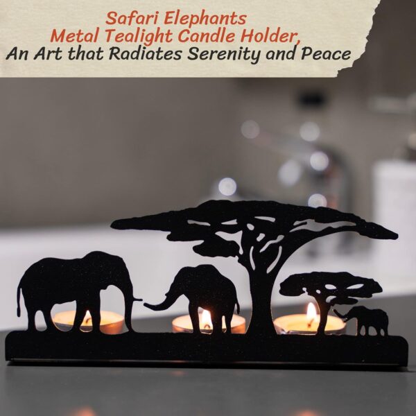 Renovatio Metal Tealight Candle Holder – Safari Elephants Silhouette Decor for Living Room, Meditation Space, Christmas & Wedding – Black Safari Theme