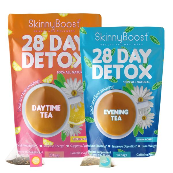 SkinnyBoost 28 Day Detox Tea Kit-1 Daytime (28 Bags) 1 Evening (14 Bags) Non GMO, Vegan, All Natural Teas, Made with Green Tea and Herbal Teas for Natural Detox and Cleanse, Reduce Bloating