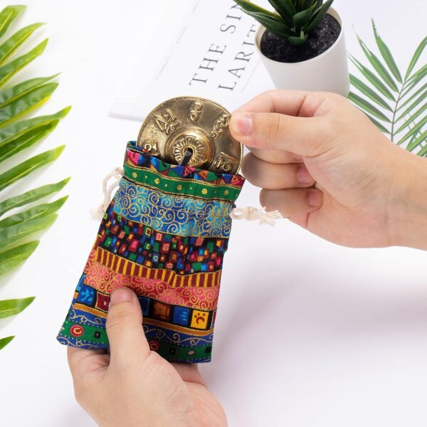 Boao Tibetan Tingsha Cymbals Meditation Chime Bells with Tibetan Drawstring Cloth Bag, 6.3 cm Meditation Chime Bells, for Percussion Instrument(Om Mane Padme Hum Symbols Embossed)
