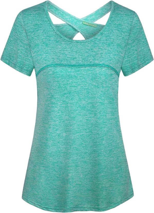 Kimmery Woman Short Sleeve Round Neck Criss Cross Back Yoga Shirt