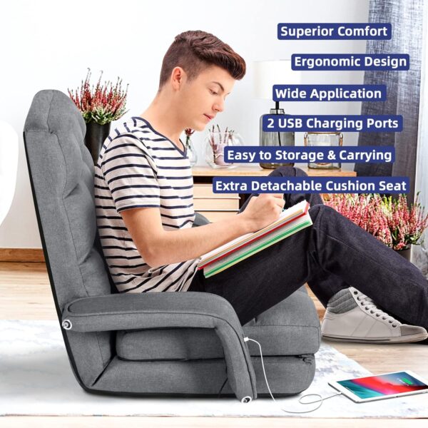 STHOUYN Comfy Floor Chair Bedroom 2 USB Charging Ports, 5-Position Couch Gaming Lounge Chairs Adults, Indoor Folding Lazy Sofa Meditation Arm Dorm Chair Living Room (Grey)