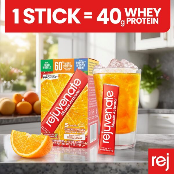 Rejuvenate Muscle Building Drink Sticks – Patented EAAs, 1 Stick = 40g Whey Protein Isolate, 11x Better Than Whey Protein, GLP-1 + Bariatric Approved*, Packaging May Vary, Citrus Blast, 14 Count