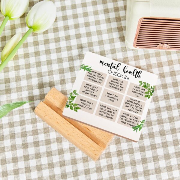 Mental Health Inspirational Gift, Positive Self Affirmations Wooden Sign, Mental Health Check in Wood Sign with Wooden Stand, Cheer Up Gifts for Psychologist School Counselor Student Boy Girl