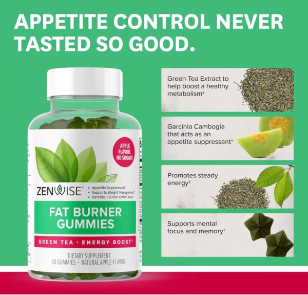 Zenwise Health Fat Burner Gummies - Appetite Suppressant for Weight Loss with Green Tea Extract and Garcinia Cambogia for Metabolism + Green Coffee Bean and Raspberry Ketone - 60 Count Apple Gummies