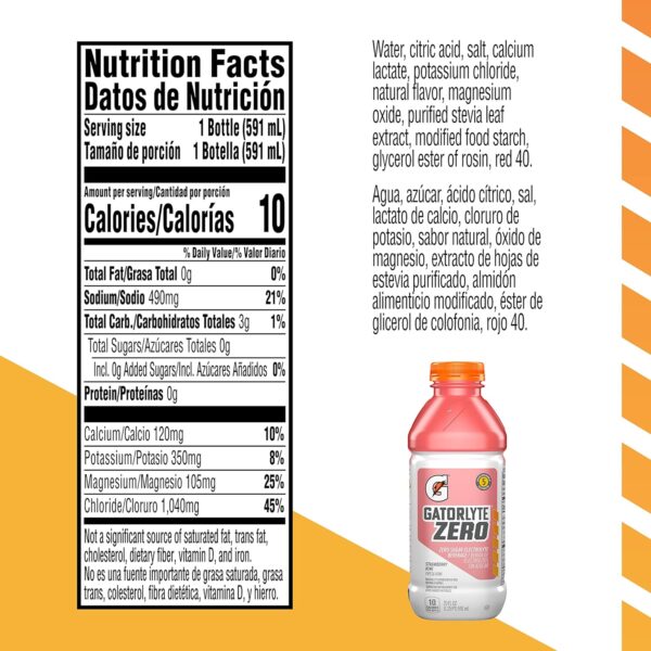 Gatorlyte Zero Electrolyte Beverage, Strawberry Kiwi, Zero Sugar Hydration, Specialized Blend of 5 Electrolytes, No Artificial Sweeteners or Flavors, 20 Oz Bottles (Pack of 12)