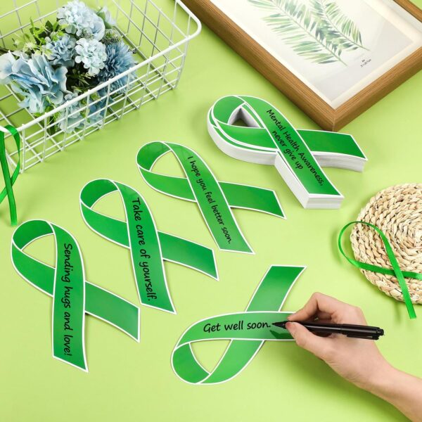 Qilery 100 Pcs Large Green Ribbon Cutouts with 2 Pcs Marker Pens Paper Mental Health Awareness Cutouts Mental Health Month Items for Charity Fundraiser Support Supplies