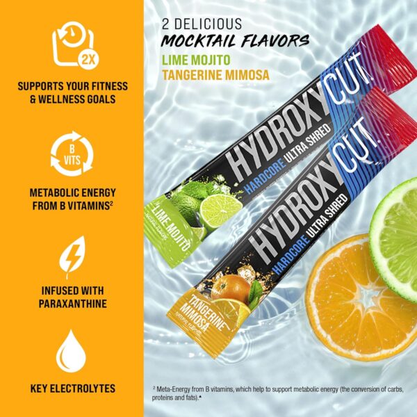 Hydroxycut Hardcore Ultra Shred Drink Sticks, Tangerine Mimosa - 20 Packets - Zero Sugar or Calories - Includes Paraxanthine & B Vitamins - for Women & Men