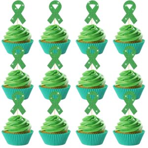 Yeaqee 48 Pcs Green Mental Health Awareness Cupcake Toppers Green Glitter Ribbon Cupcake Picks Mental Health Awareness Items for Society Events Mental Health Party Supplies