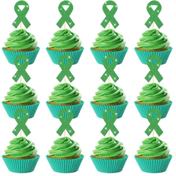 Yeaqee 48 Pcs Green Mental Health Awareness Cupcake Toppers Green Glitter Ribbon Cupcake Picks Mental Health Awareness Items for Society Events Mental Health Party Supplies