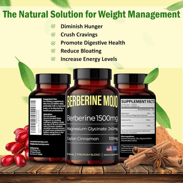 Berberine Supplement 1500mg with Magnesium Glycinate 240mg & Ceylon Cinnamon 100mg - Natural Weight Management, Gut Health, High Potency & Absorption, Made in USA - 60 Tablets