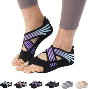 ABIRAM Yoga Socks Toeless Non-Slip Grips & Straps, for Pilates, Barre, Ballet, Bikram, Workout for Women