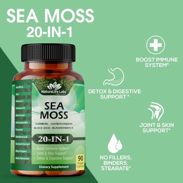 Sea Moss 6000mg - Black Seed Oil 2500mg - Bladderwrack 2000mg - Turmeric 1500mg Ashwagandha 1000mg - Burdock 1000mg - Vitamin C, D3, Yellow Dock Root, Manuka, Dandelion - 90 Veggie caps
