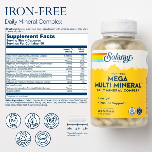 SOLARAY Iron-Free Mega Multi Mineral - Daily Mineral Complex w/Calcium, Magnesium, Zinc and More, Absorbable Chelated Forms, Energy and Immune Support, 60-Day Guarantee, 50 Servings, 200 Capsules