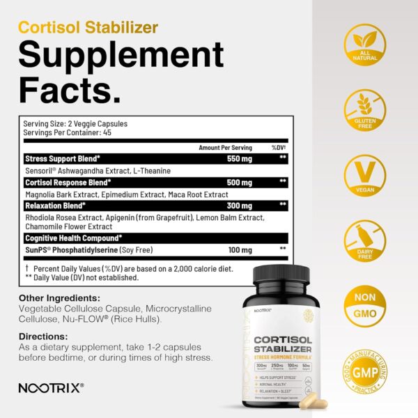 Cortisol Manager and Stabilizer Supplement | Supports Deep Sleep & Relaxation | Cortisol Supplement with Ashwagandha, L-Theanine, Rhodiola Rosea Extract & Apigenin | 180 Vegan Capsules