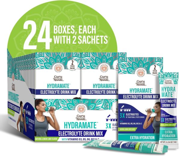 GuruNanda Hydramate Hydration Support Drink Mix - Electrolyte Powder Packets for Dehydration, Exercise & Energy - No Added Sweeteners, Non-GMO, Natural Lemon Lime Flavor - 48 Count (0.56 oz Each)