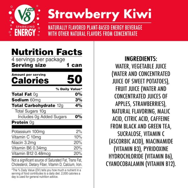 V8 +SPARKLING ENERGY Strawberry Kiwi Energy Drink, Made with Real Vegetable and Fruit Juices, 11.5 FL OZ Can (6 Packs of 4)