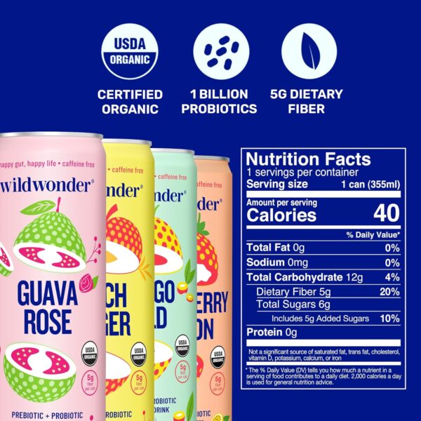 wildwonder Sparkling Probiotic Juice Drink w/Gut Health Immunity & Support 5g Fiber, Live Probiotics, Caffeine Free, Organic, Vegan, Low Sugar, 12pk 12oz, Classic Variety Pack, As Seen on Shark Tank