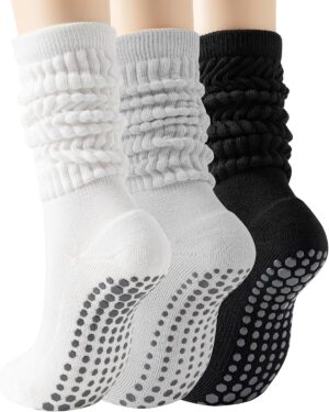 Yawlsow Pilates Socks with Grips for Women, Yoga Grippy Socks, Non Slip Long Slouchy Scrunch Socks for Barre Workout Hospital